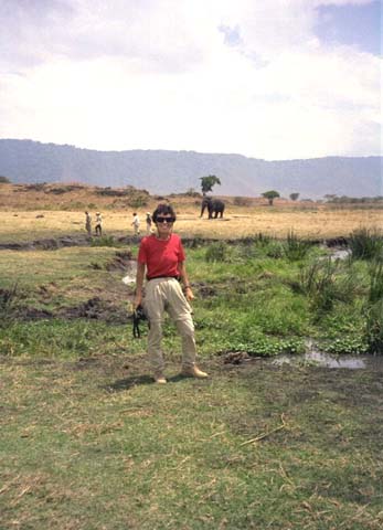 Pat at a lunch stop in Ngorongoro Crater with elephant nearby